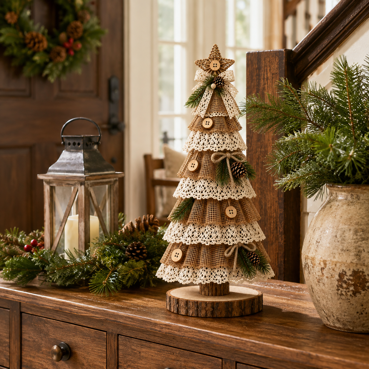 Rustic Burlap Lace Christmas Tree Deco