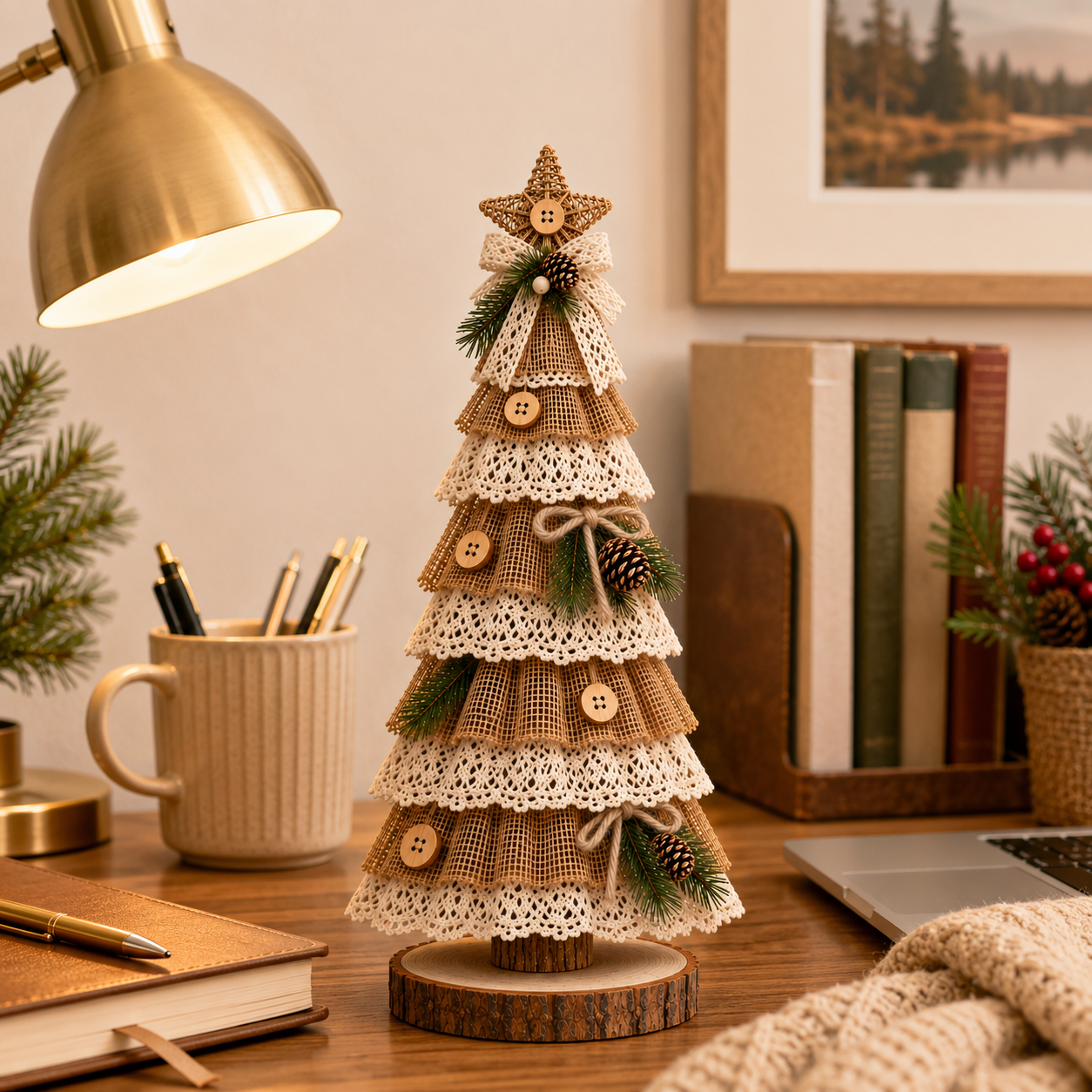 Rustic Burlap Lace Christmas Tree Deco