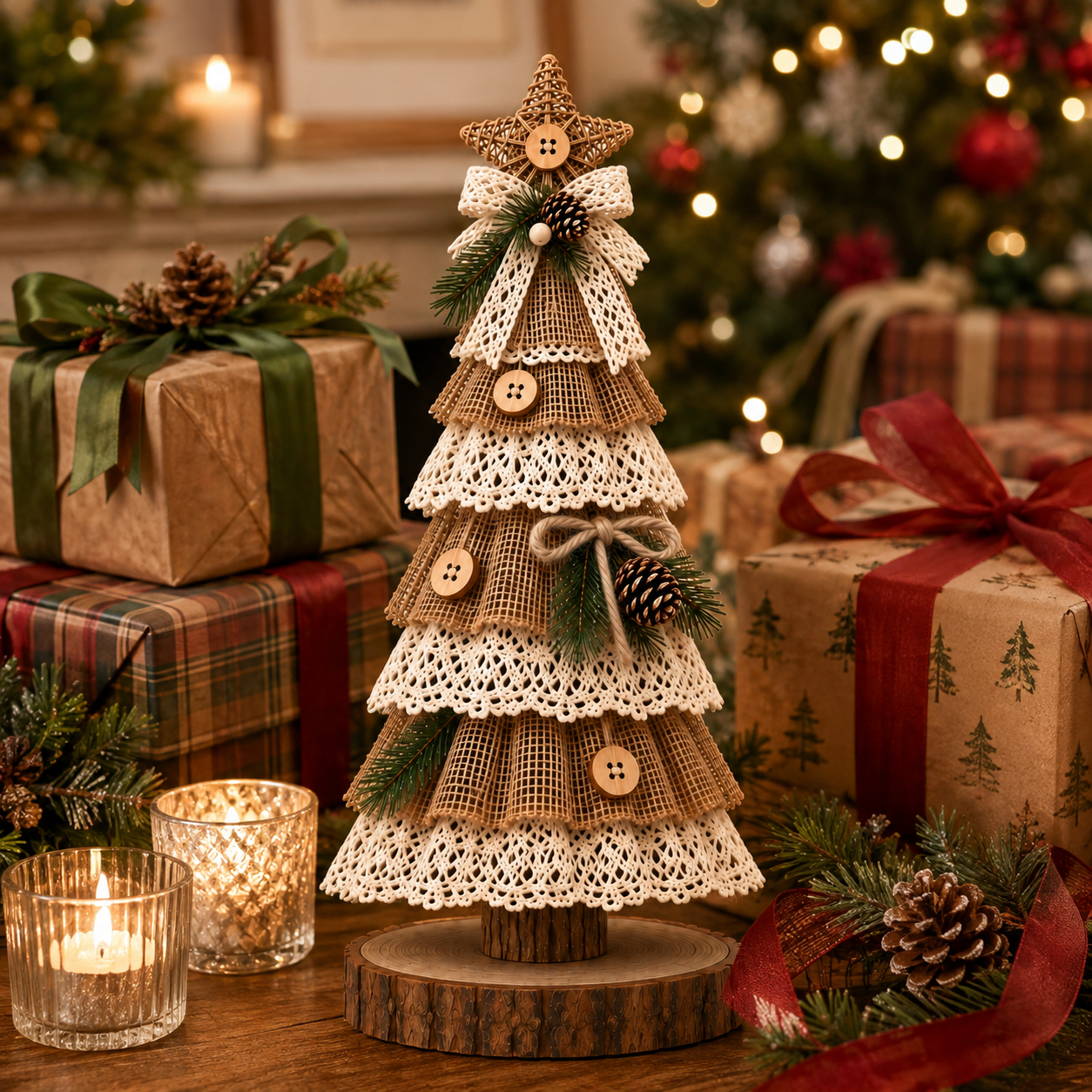 Rustic Burlap Lace Christmas Tree Deco