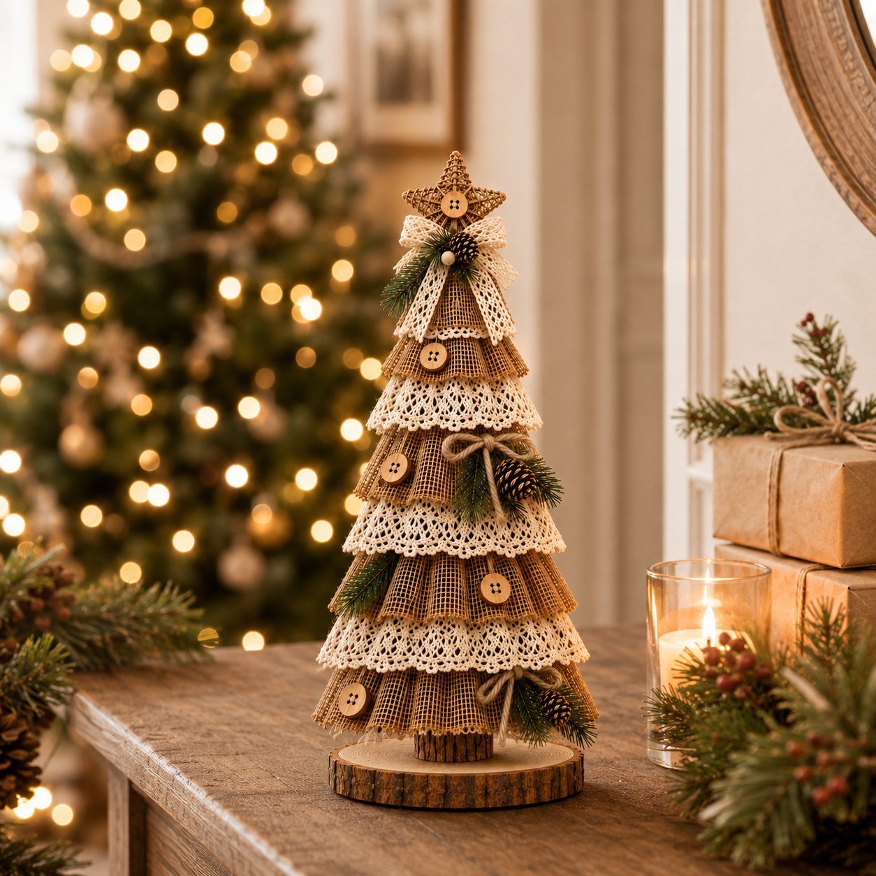 Rustic Burlap Lace Christmas Tree Deco