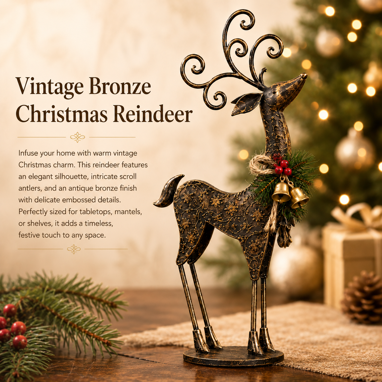 Vintage Bronze Metal Reindeer Figurine