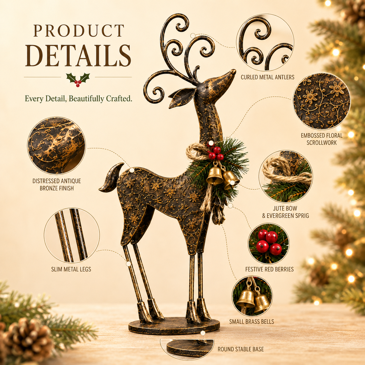 Vintage Bronze Metal Reindeer Figurine