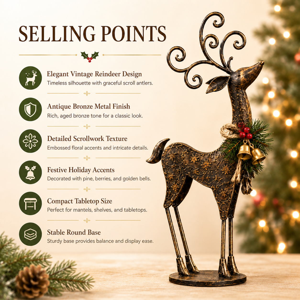 Vintage Bronze Metal Reindeer Figurine