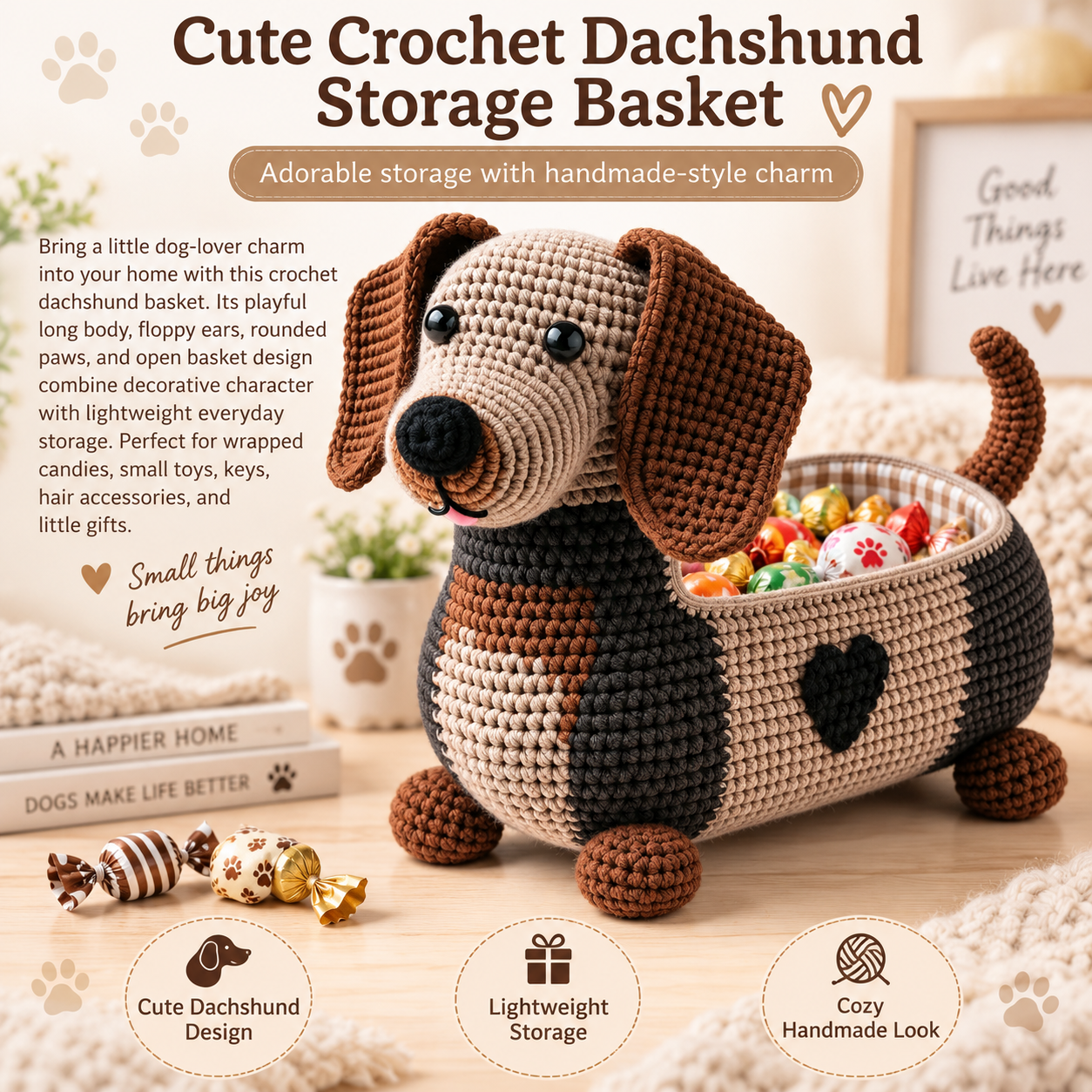 Crochet Dachshund Storage Basket with Fabric Lining