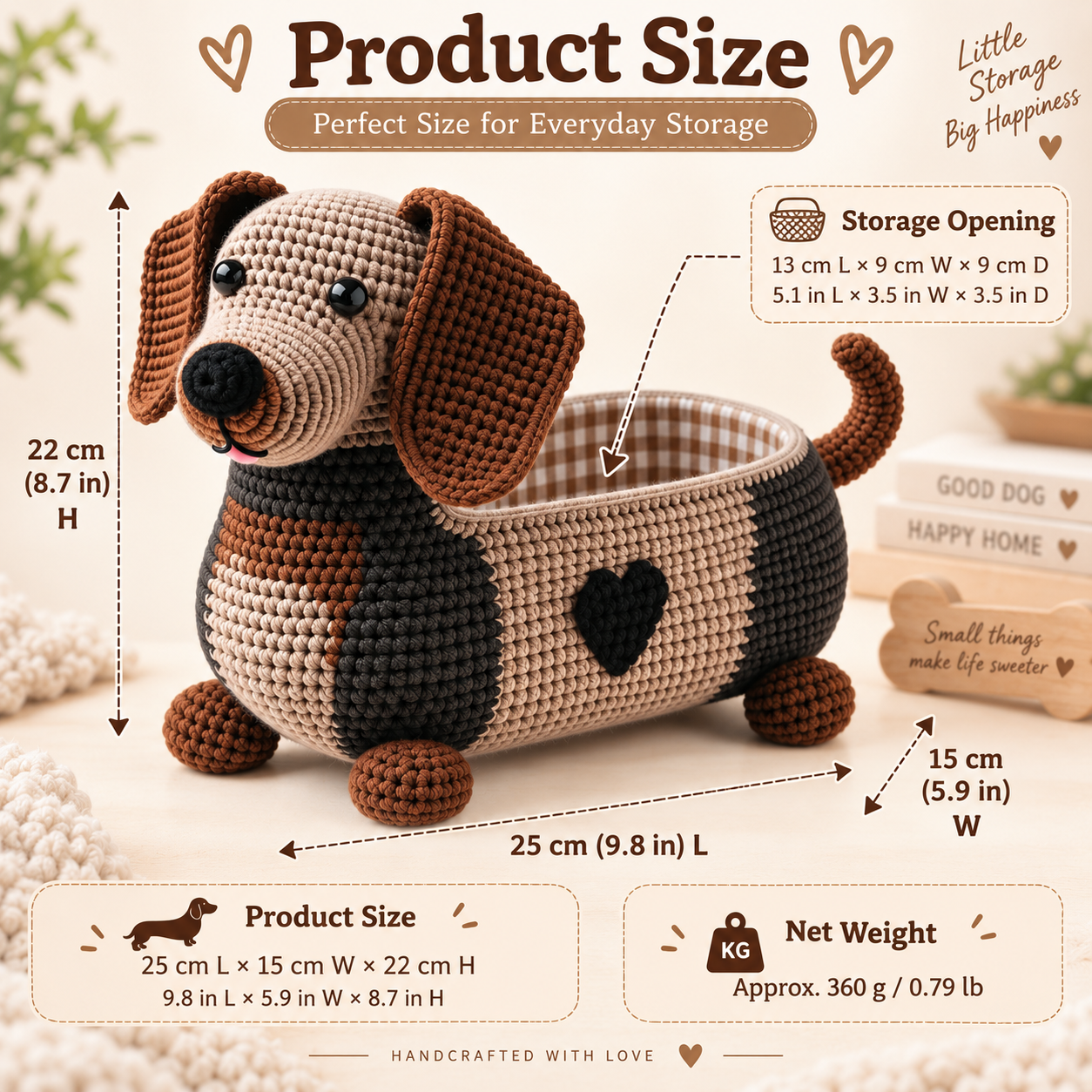 Crochet Dachshund Storage Basket with Fabric Lining