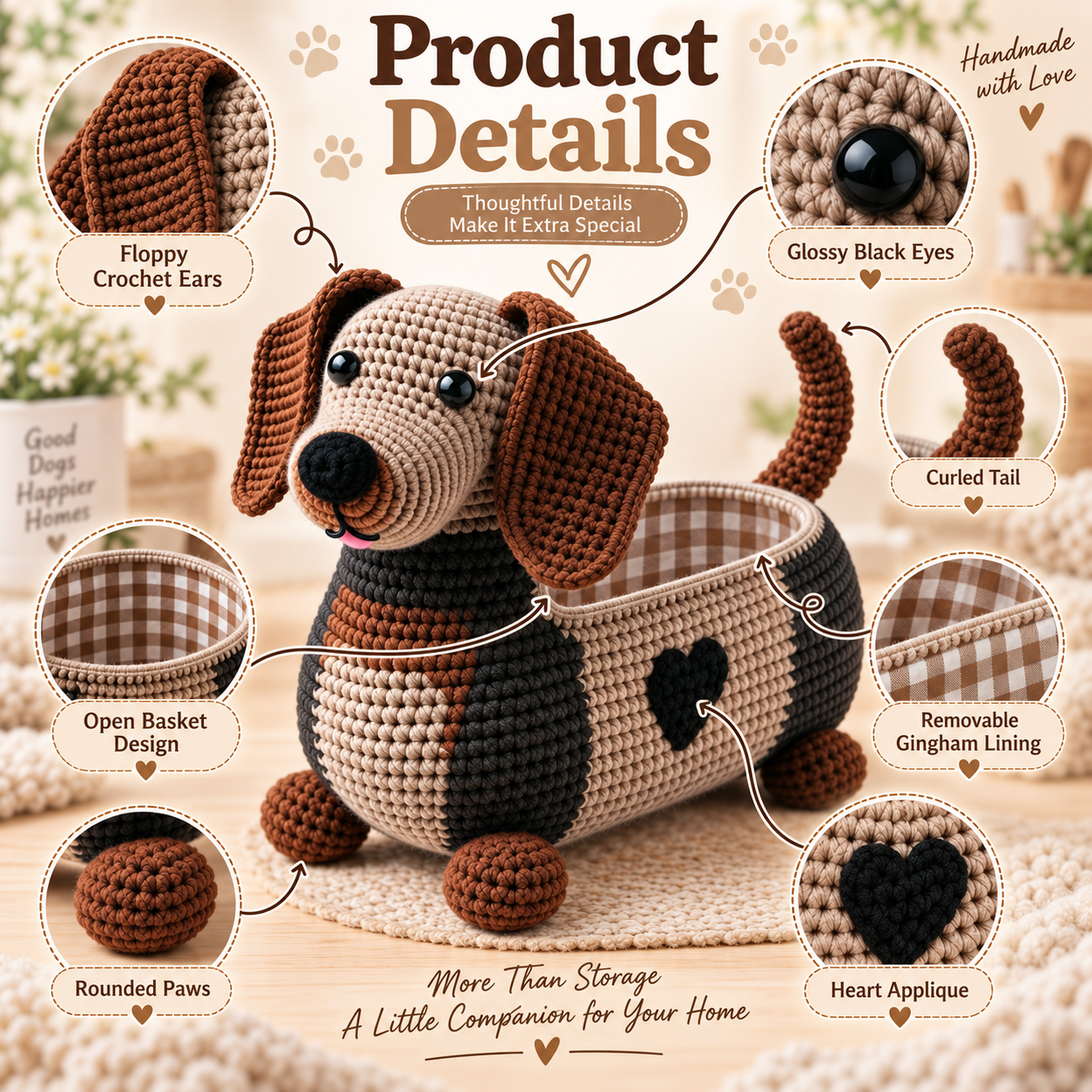 Crochet Dachshund Storage Basket with Fabric Lining