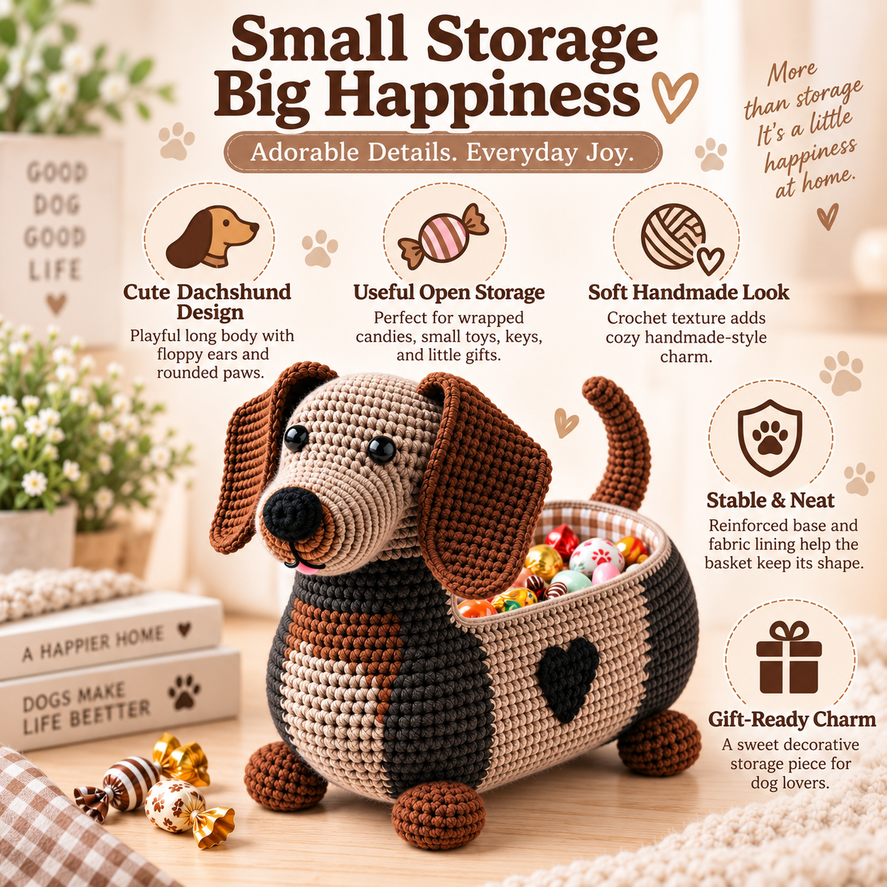 Crochet Dachshund Storage Basket with Fabric Lining