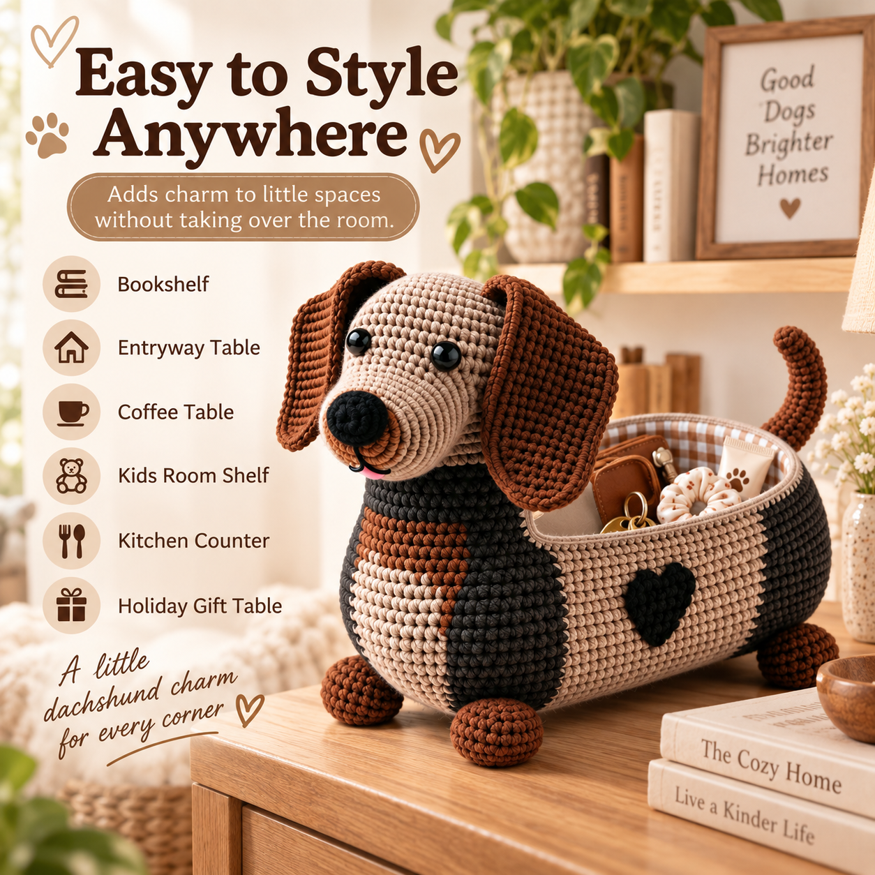 Crochet Dachshund Storage Basket with Fabric Lining