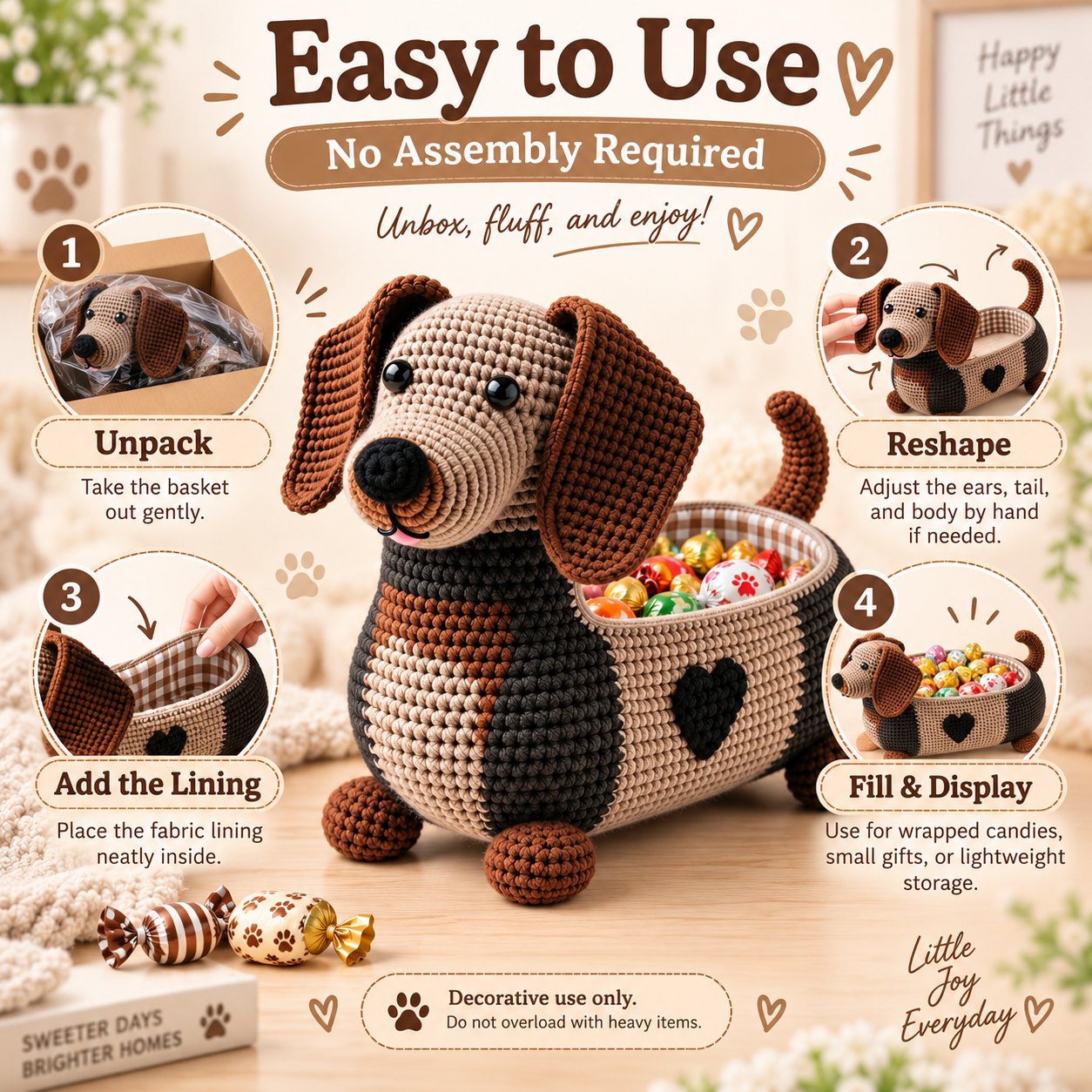 Crochet Dachshund Storage Basket with Fabric Lining