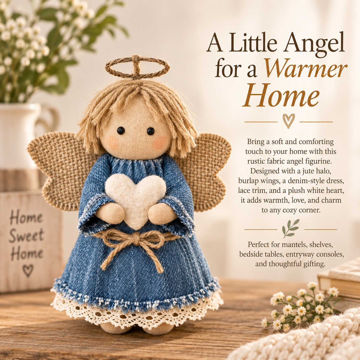 Rustic Fabric Angel Figurine with Heart