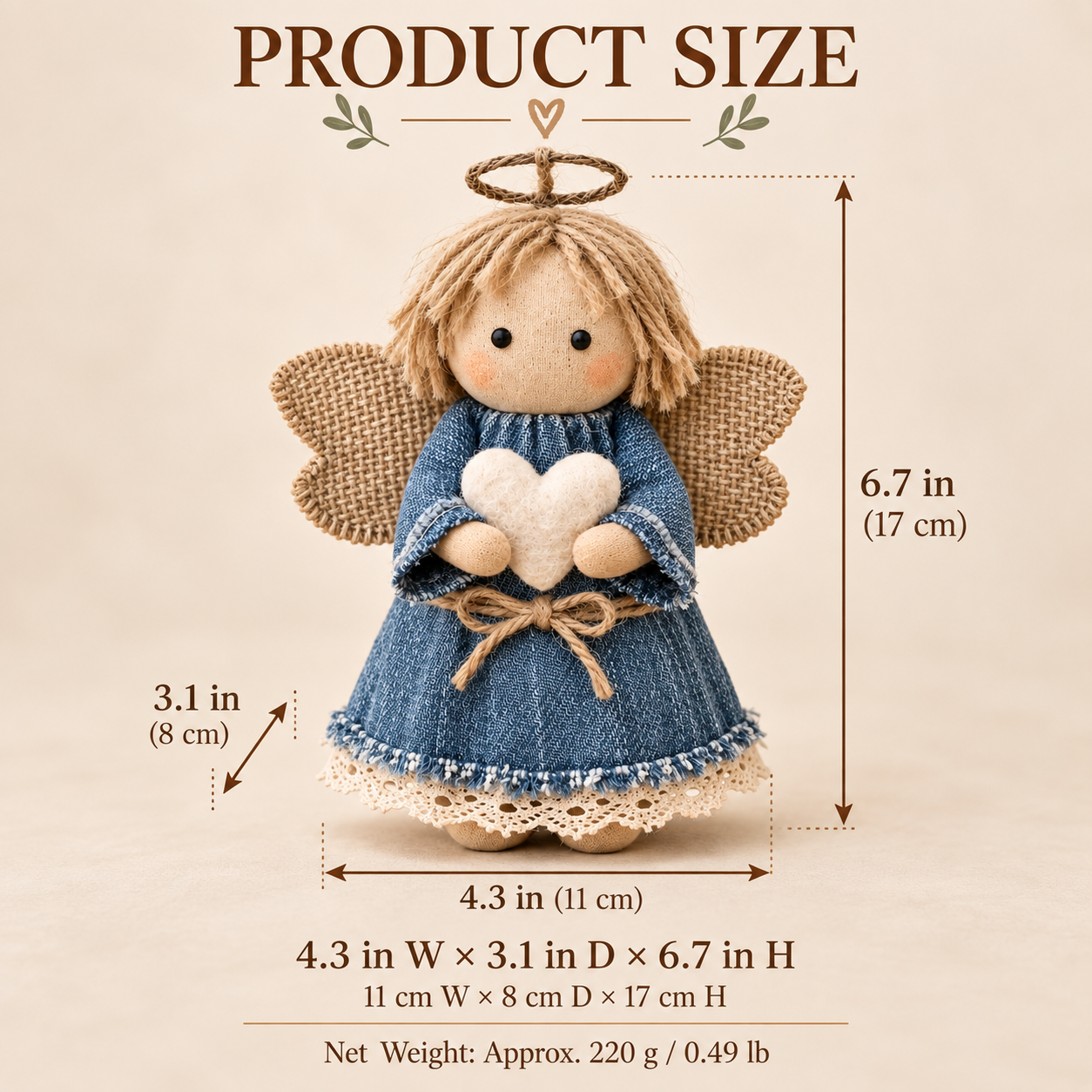 Rustic Fabric Angel Figurine with Heart