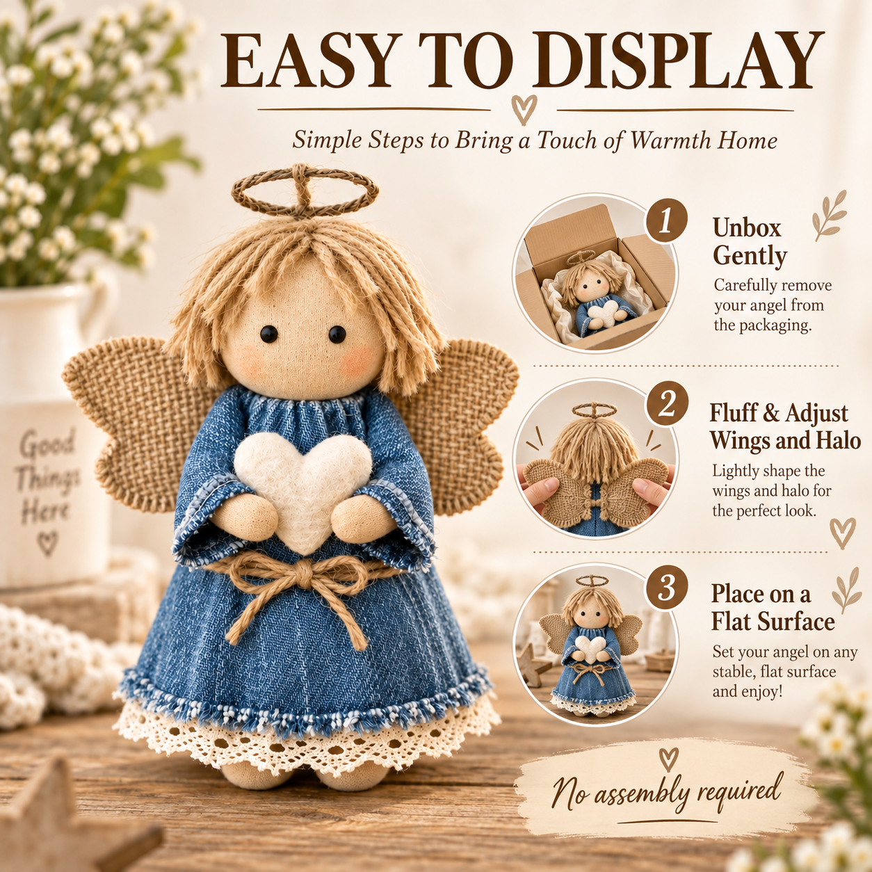 Rustic Fabric Angel Figurine with Heart