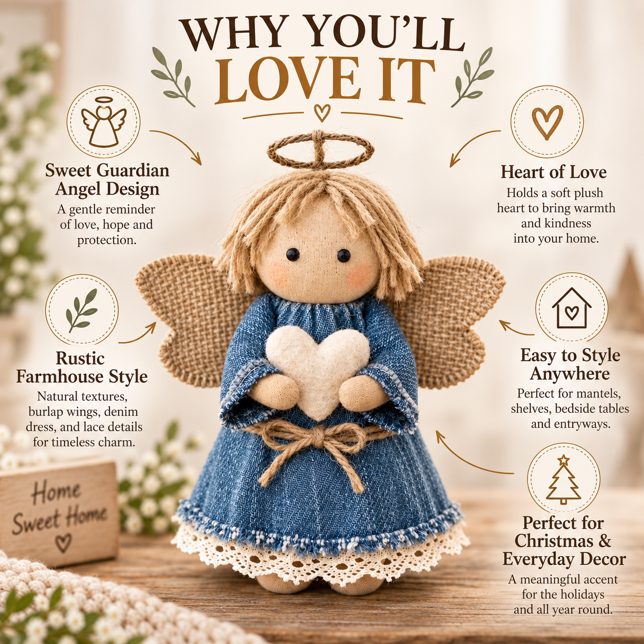 Rustic Fabric Angel Figurine with Heart