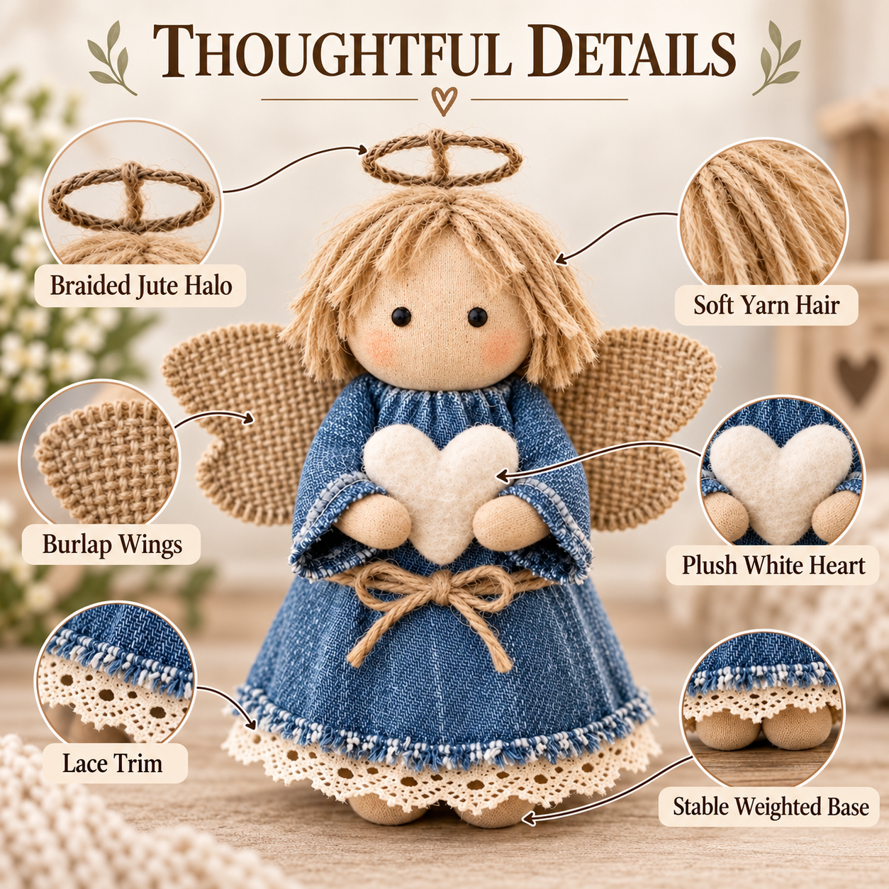 Rustic Fabric Angel Figurine with Heart