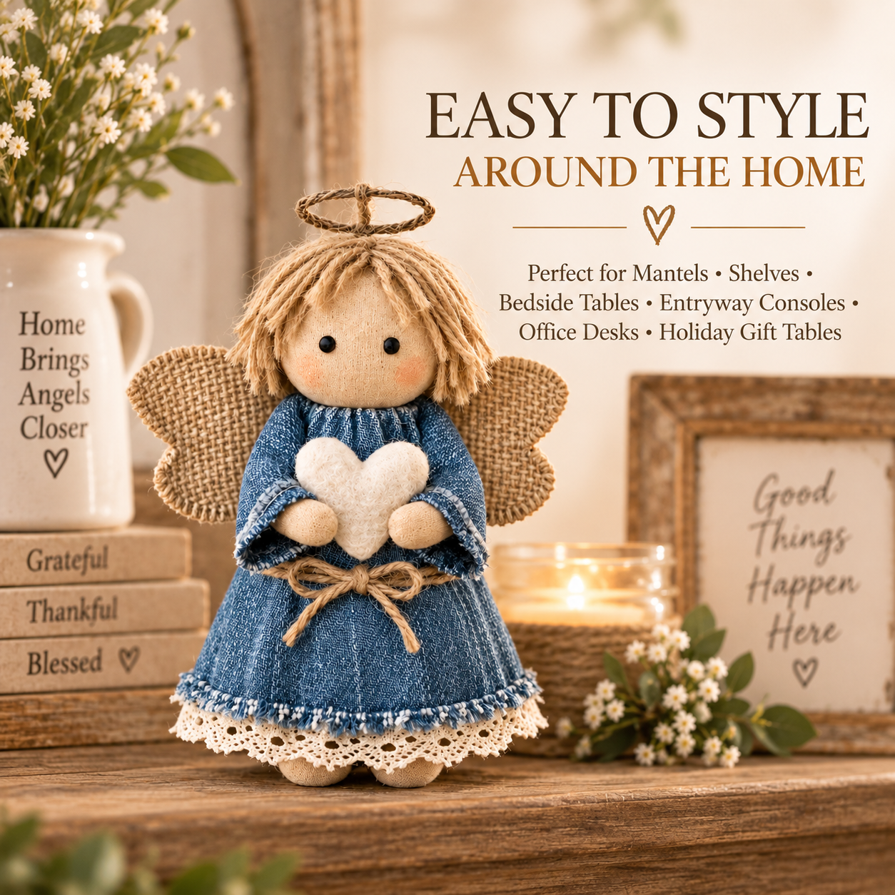 Rustic Fabric Angel Figurine with Heart