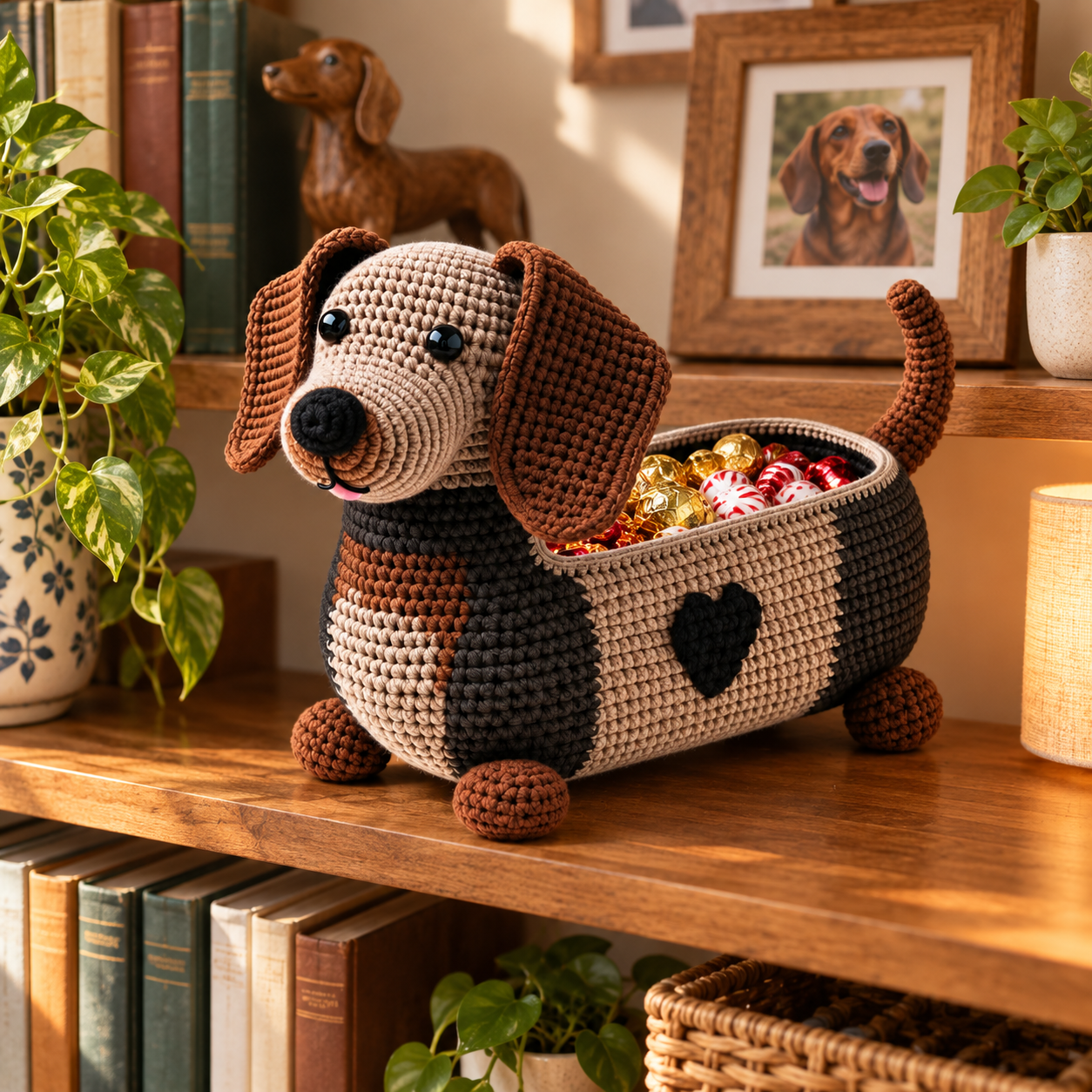 Crochet Dachshund Storage Basket with Fabric Lining