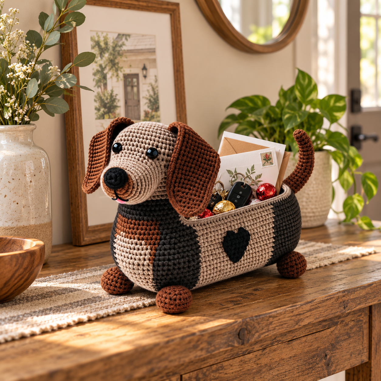 Crochet Dachshund Storage Basket with Fabric Lining