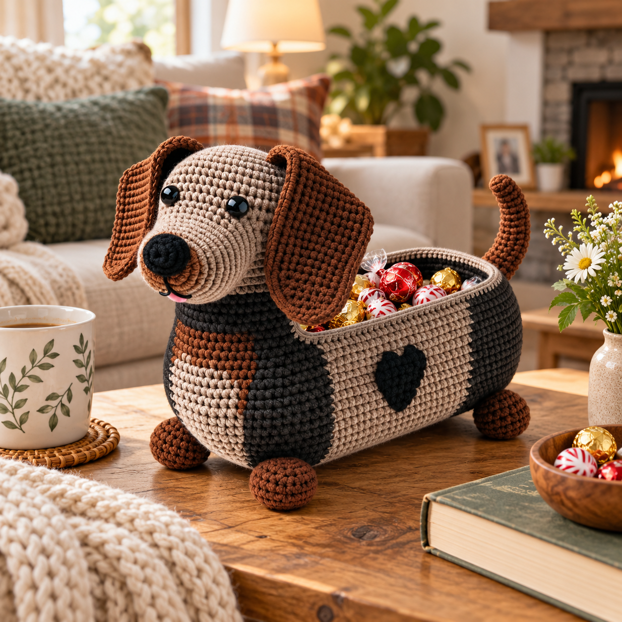 Crochet Dachshund Storage Basket with Fabric Lining