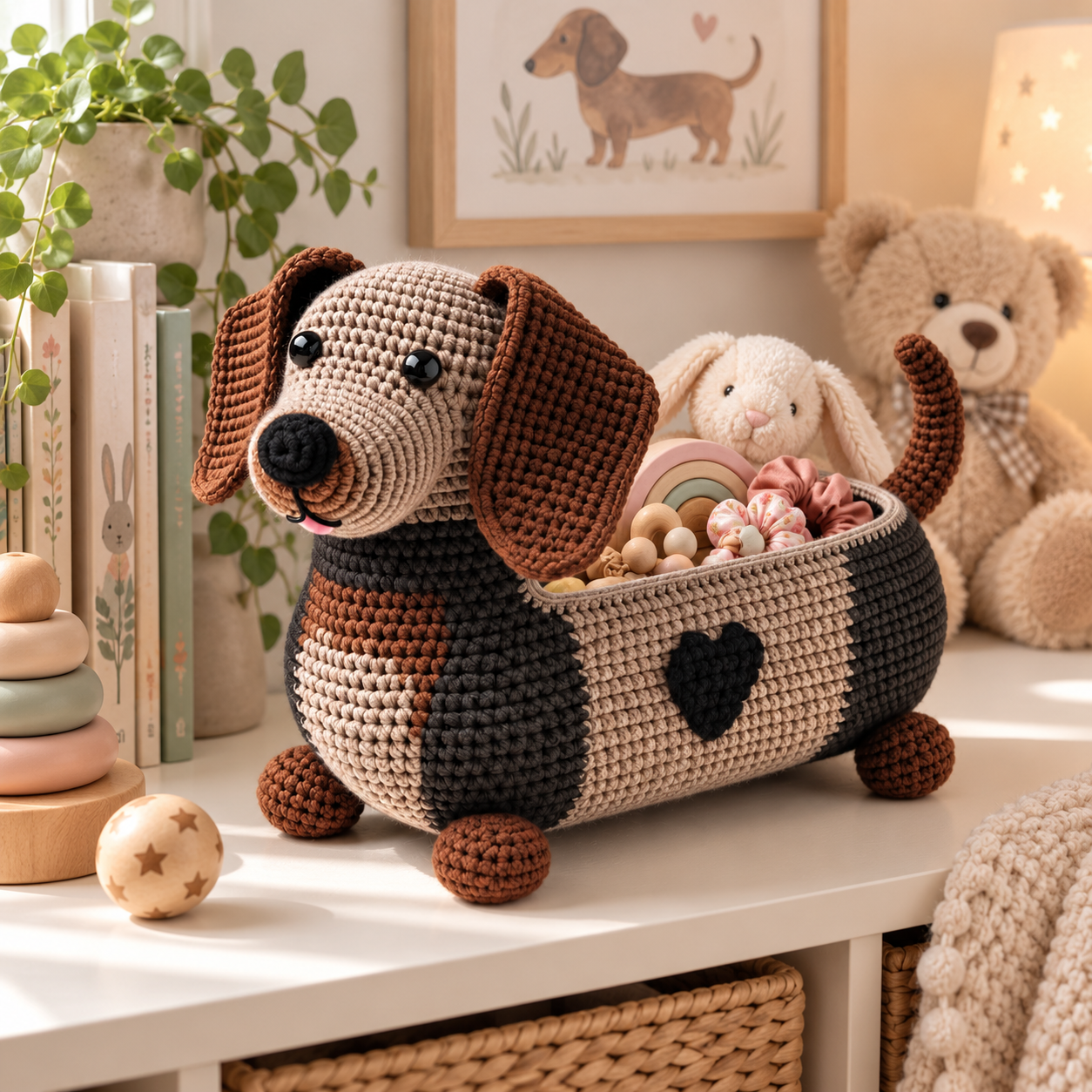 Crochet Dachshund Storage Basket with Fabric Lining