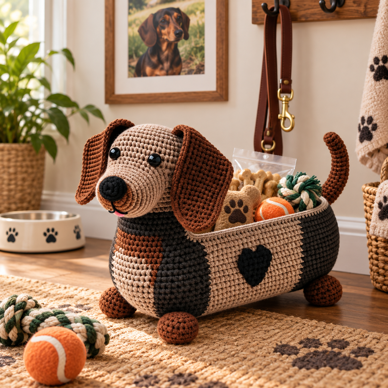 Crochet Dachshund Storage Basket with Fabric Lining