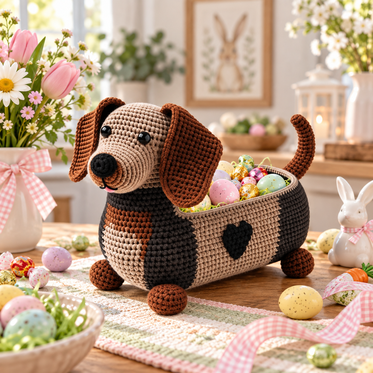 Crochet Dachshund Storage Basket with Fabric Lining