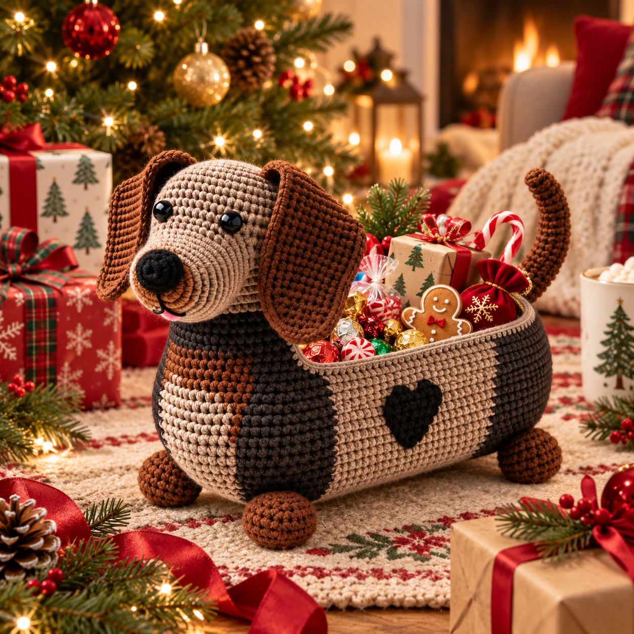 Crochet Dachshund Storage Basket with Fabric Lining
