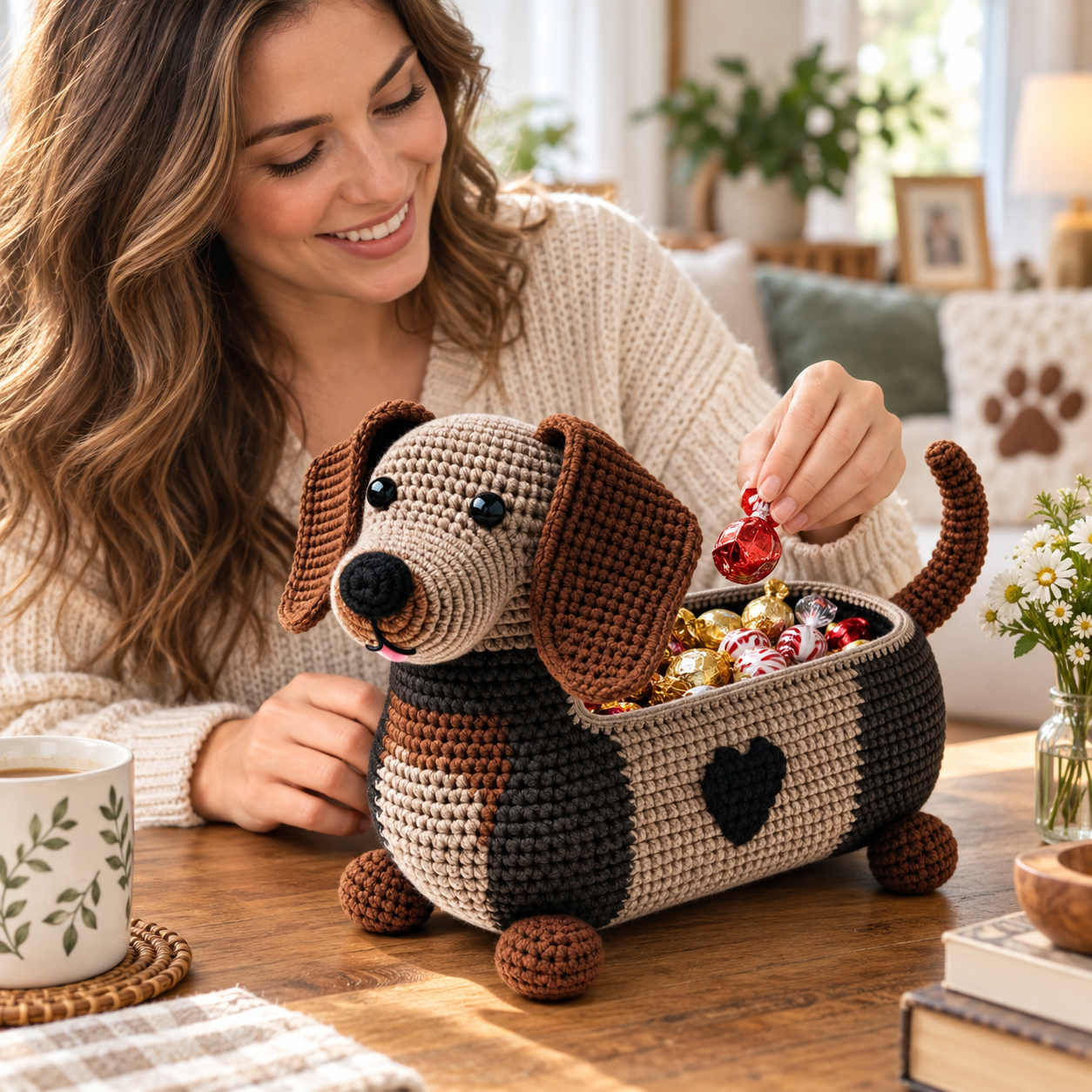 Crochet Dachshund Storage Basket with Fabric Lining