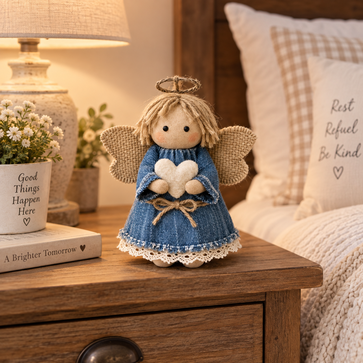 Rustic Fabric Angel Figurine with Heart