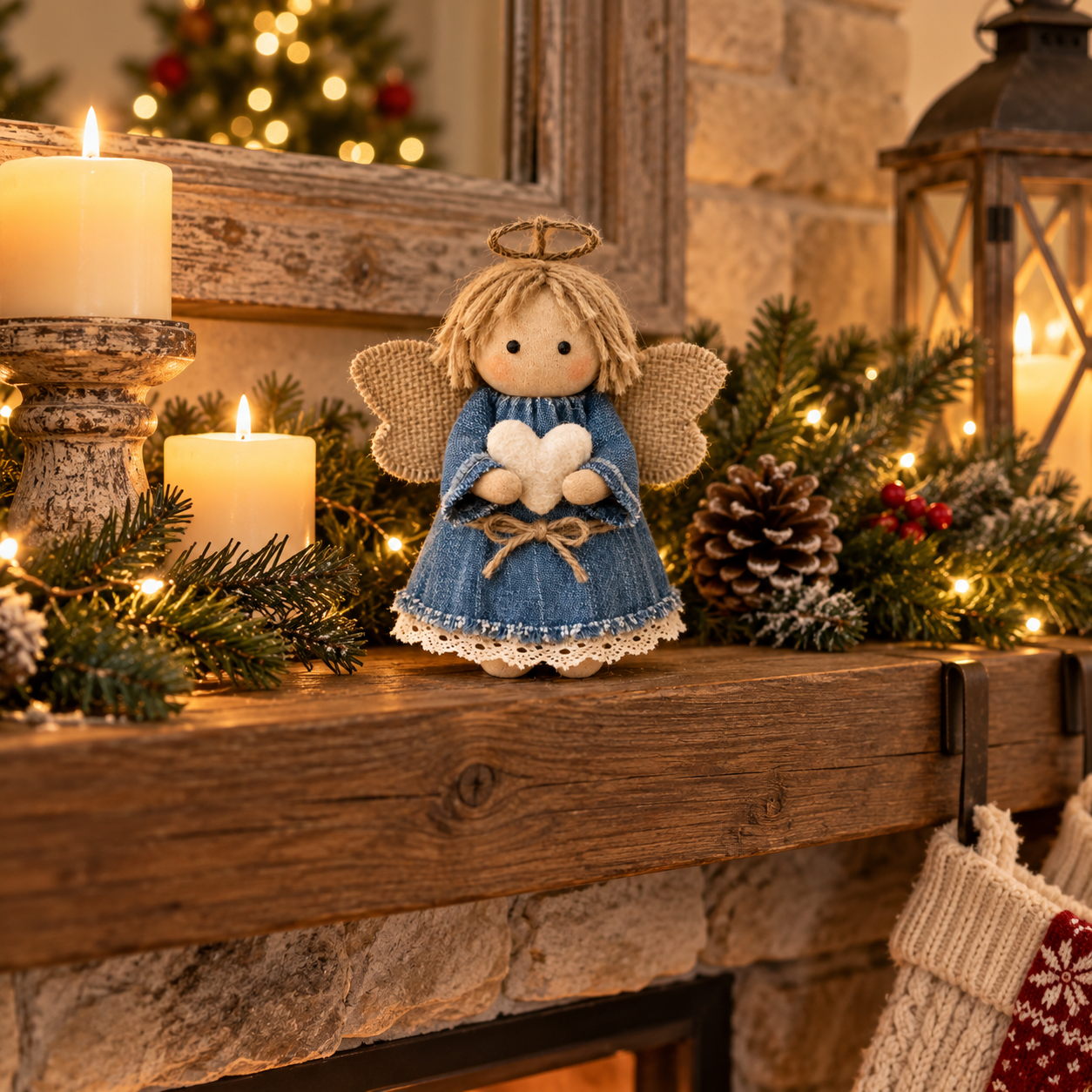 Rustic Fabric Angel Figurine with Heart