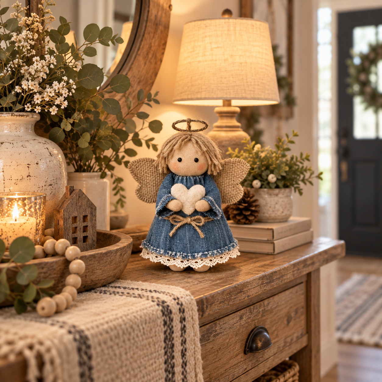 Rustic Fabric Angel Figurine with Heart