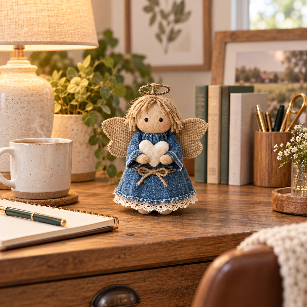 Rustic Fabric Angel Figurine with Heart