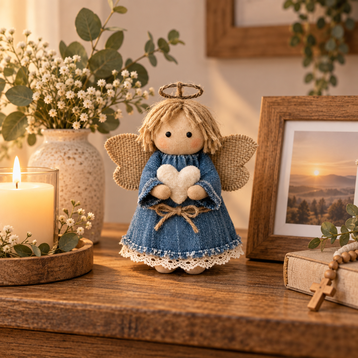 Rustic Fabric Angel Figurine with Heart