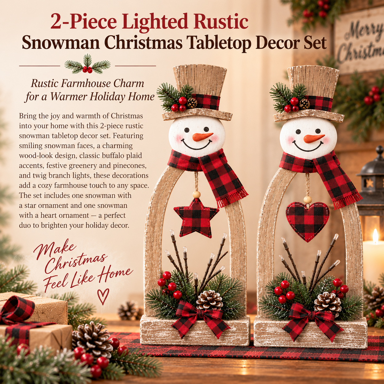 2-Piece Lighted Rustic Snowman Christmas Tabletop Decor Set