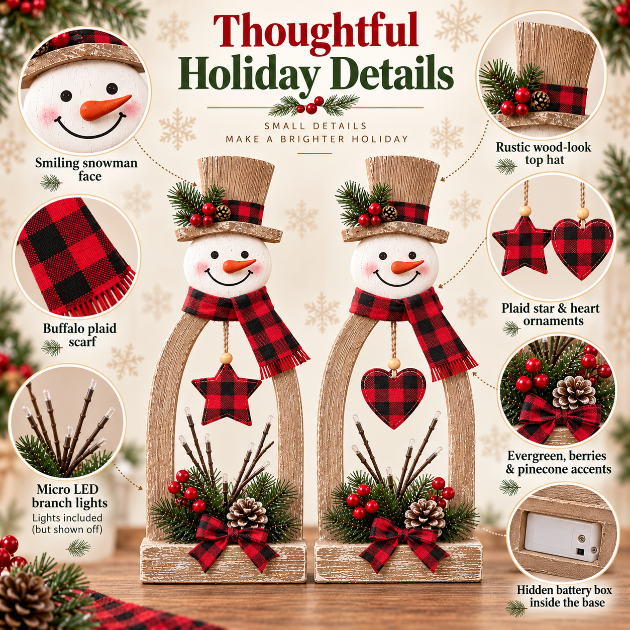 2-Piece Lighted Rustic Snowman Christmas Tabletop Decor Set