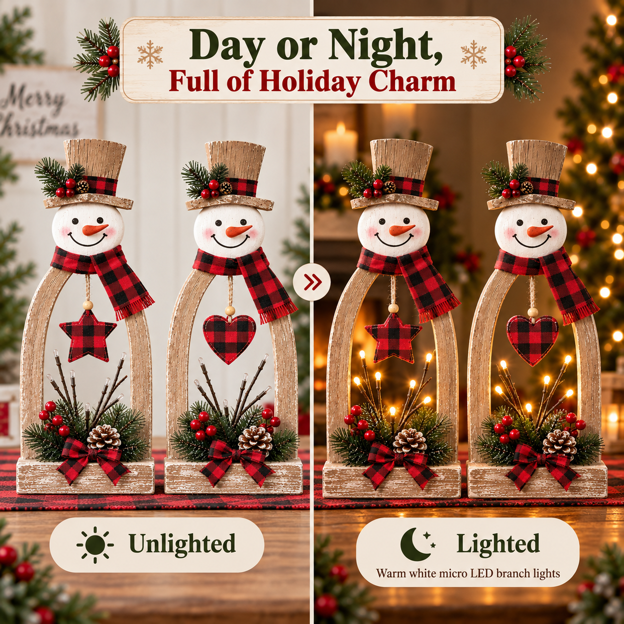 2-Piece Lighted Rustic Snowman Christmas Tabletop Decor Set
