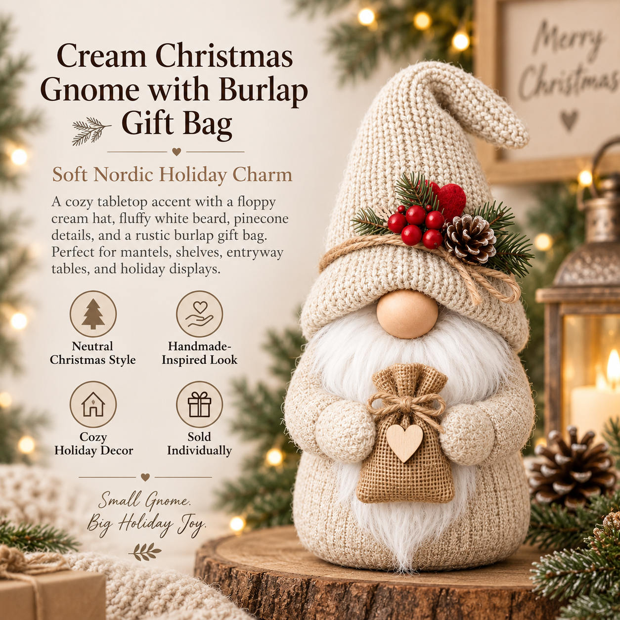 Cream Nordic Christmas Gnome with Burlap Gift Bag
