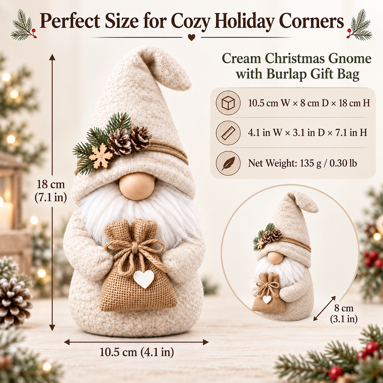 Cream Nordic Christmas Gnome with Burlap Gift Bag
