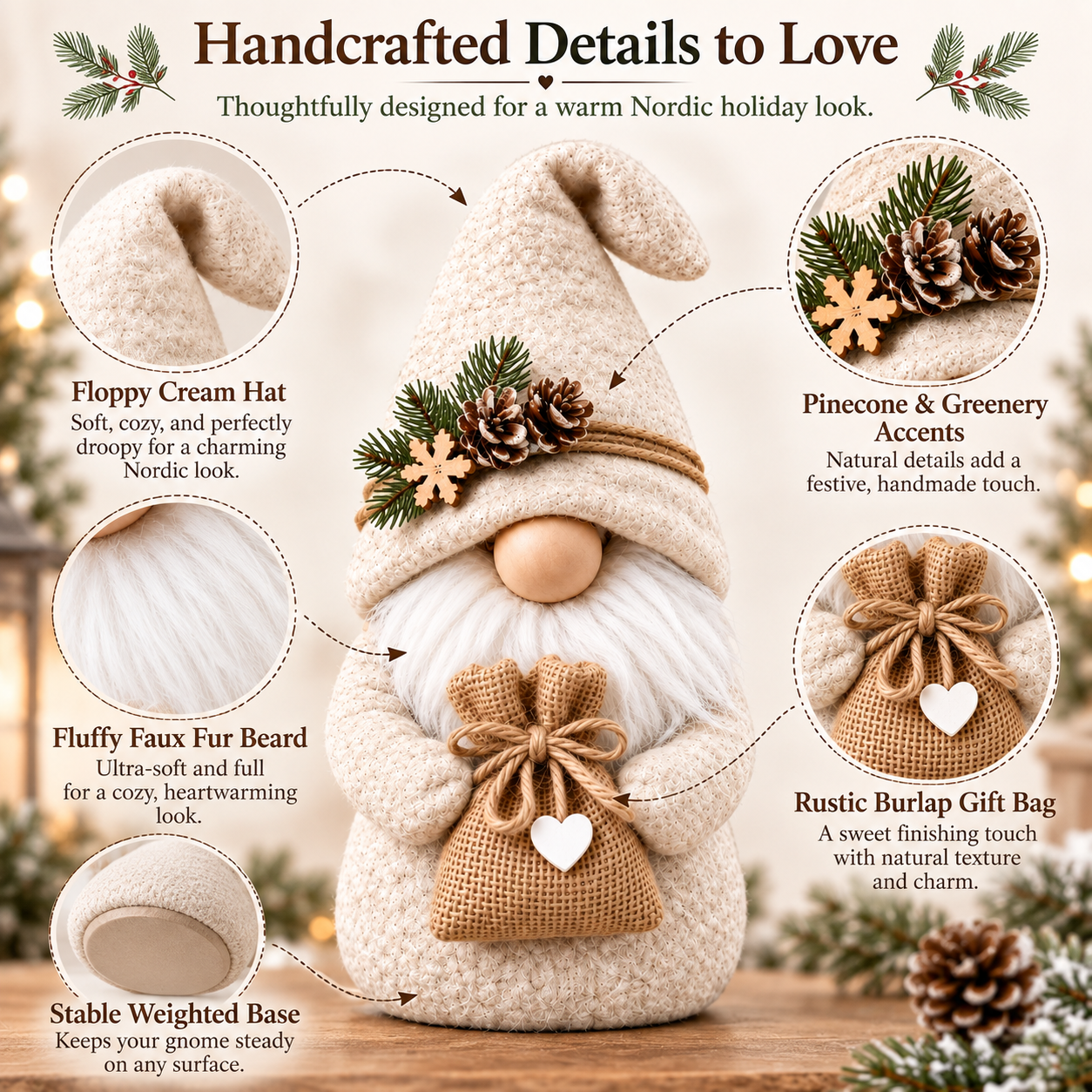 Cream Nordic Christmas Gnome with Burlap Gift Bag