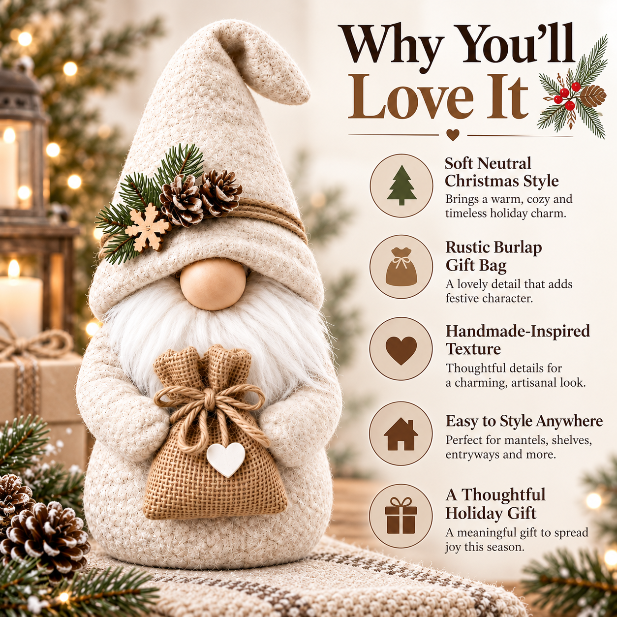 Cream Nordic Christmas Gnome with Burlap Gift Bag