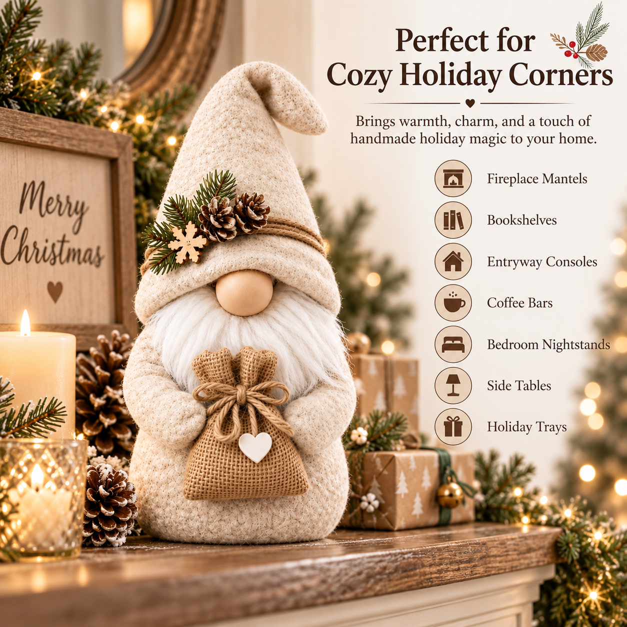 Cream Nordic Christmas Gnome with Burlap Gift Bag