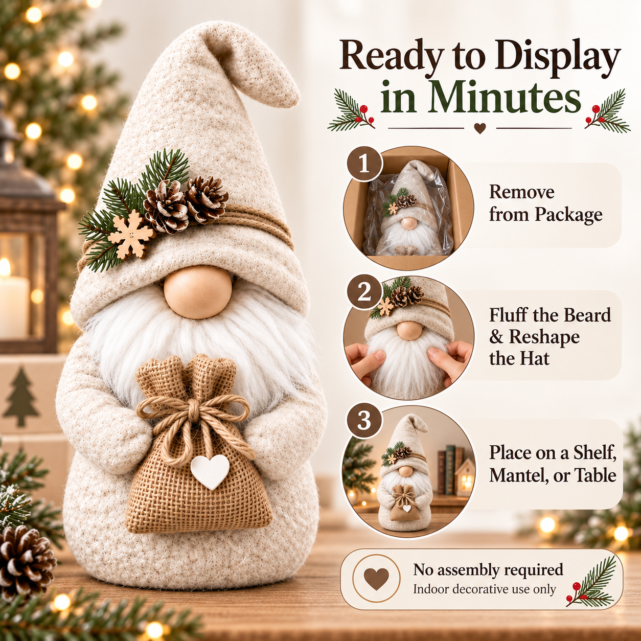Cream Nordic Christmas Gnome with Burlap Gift Bag
