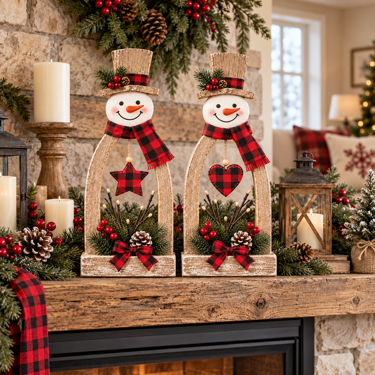 2-Piece Lighted Rustic Snowman Christmas Tabletop Decor Set