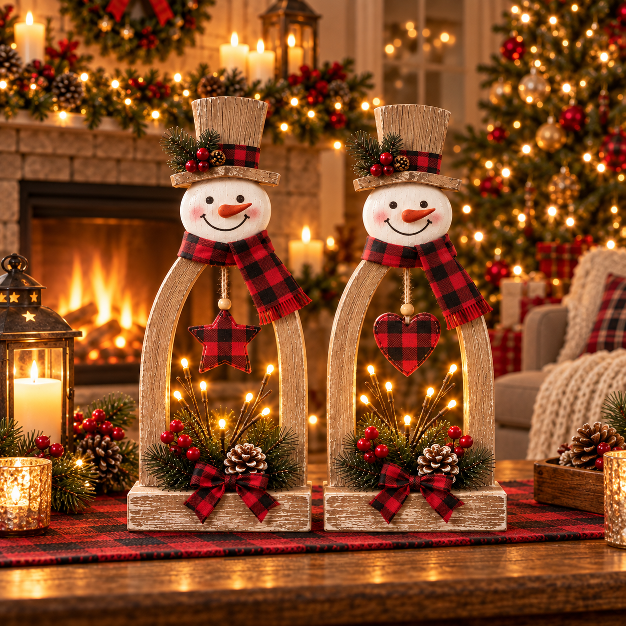 2-Piece Lighted Rustic Snowman Christmas Tabletop Decor Set