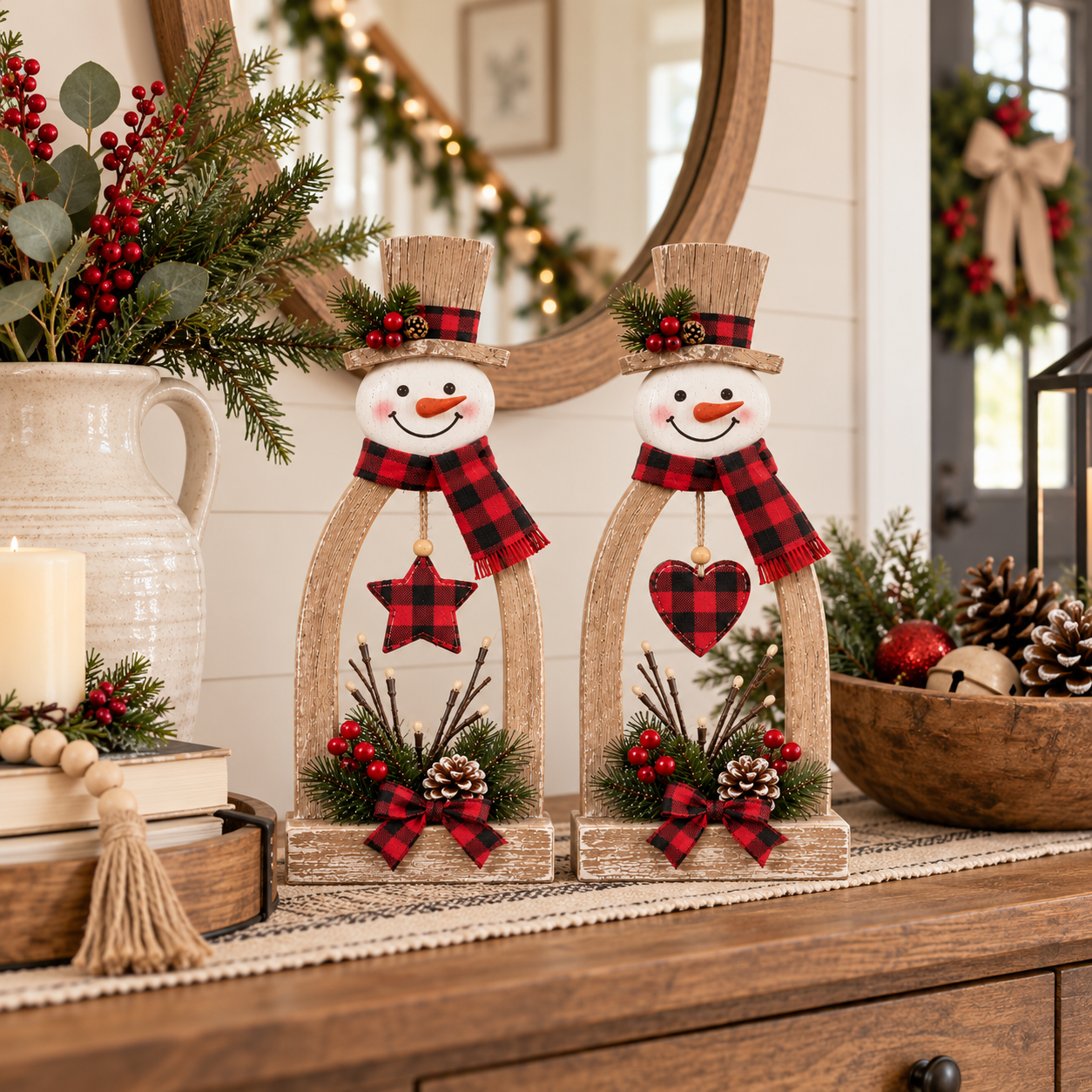 2-Piece Lighted Rustic Snowman Christmas Tabletop Decor Set