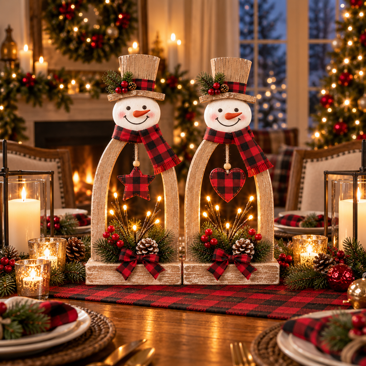 2-Piece Lighted Rustic Snowman Christmas Tabletop Decor Set