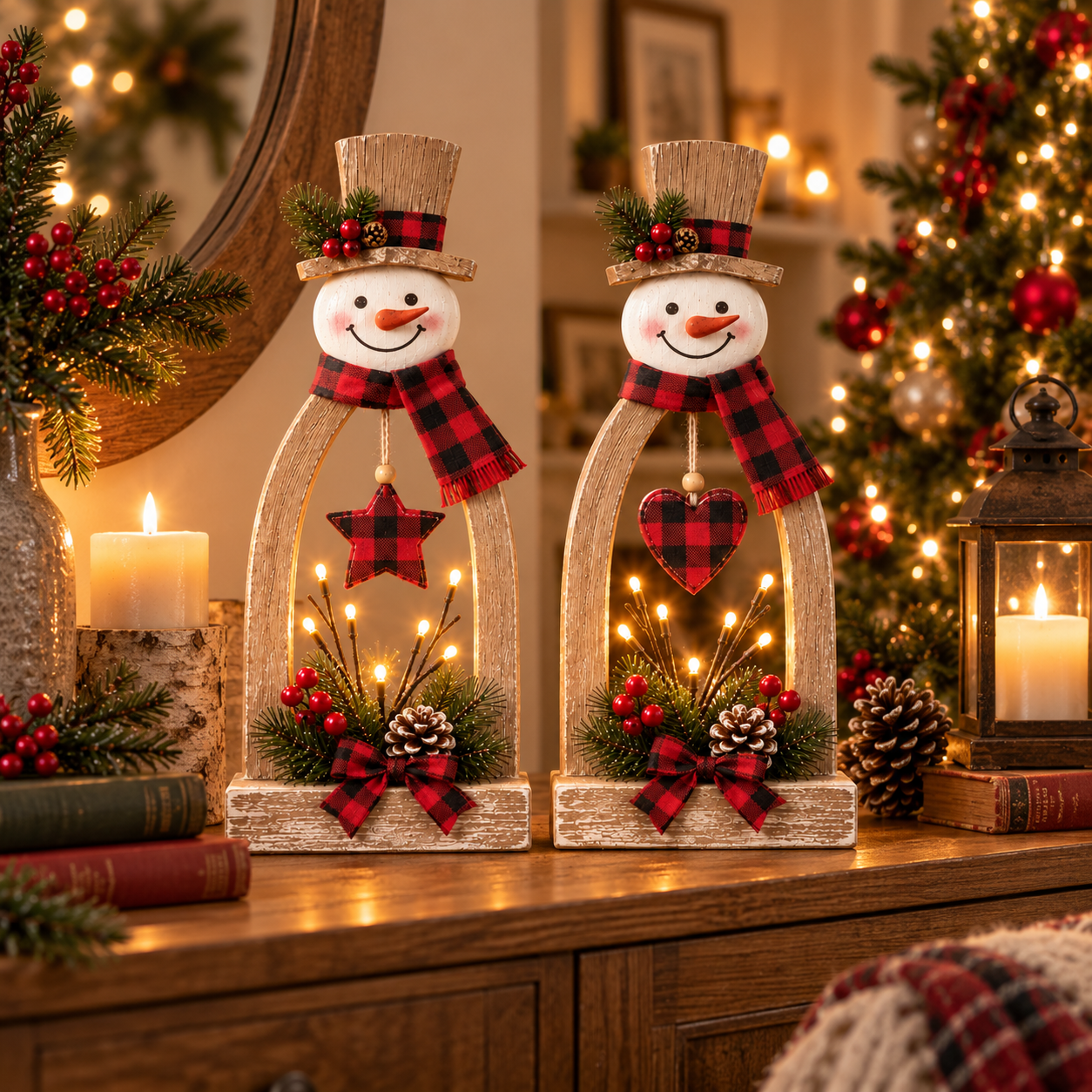 2-Piece Lighted Rustic Snowman Christmas Tabletop Decor Set