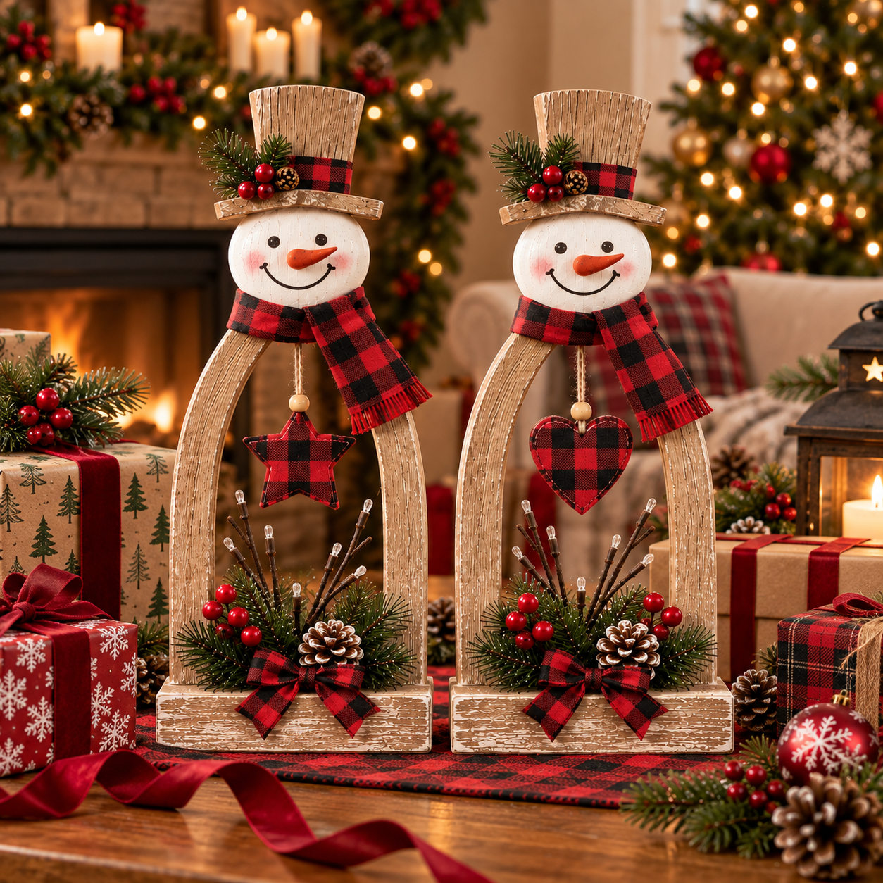 2-Piece Lighted Rustic Snowman Christmas Tabletop Decor Set