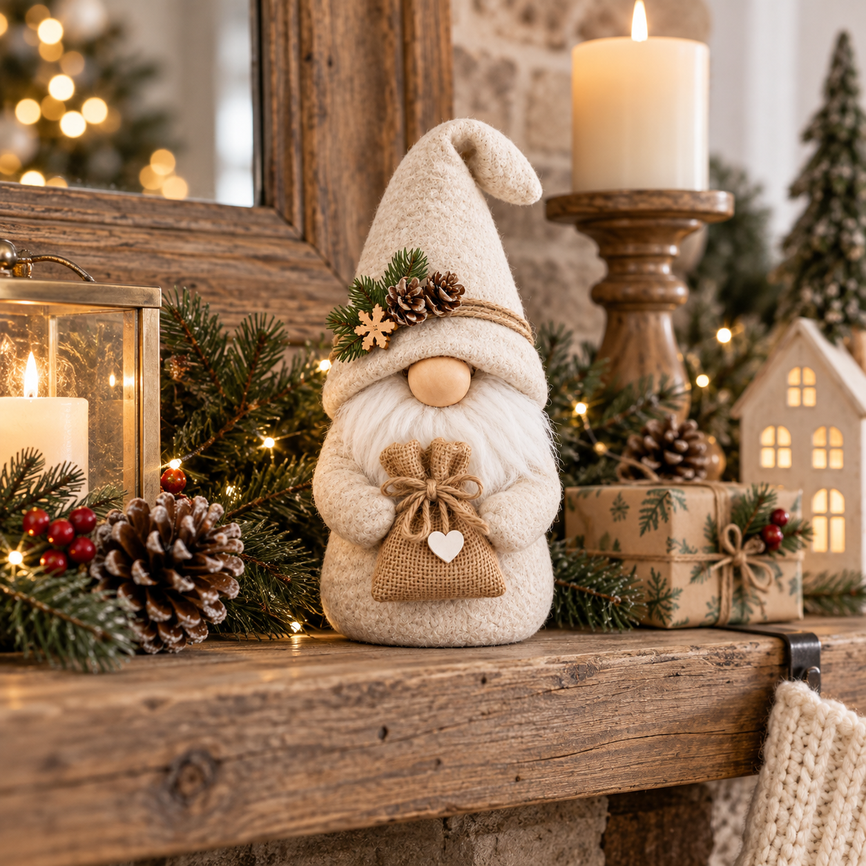Cream Nordic Christmas Gnome with Burlap Gift Bag