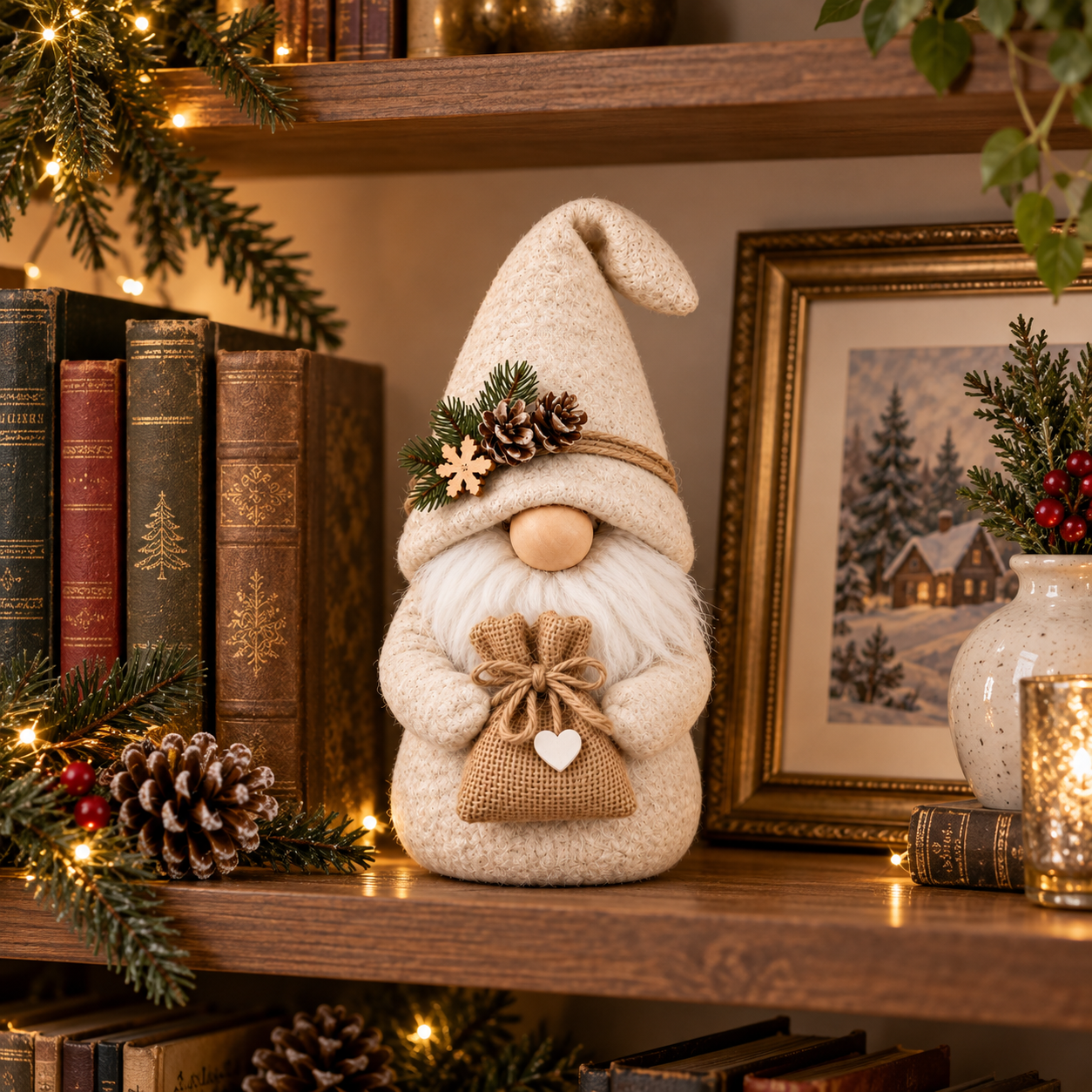 Cream Nordic Christmas Gnome with Burlap Gift Bag