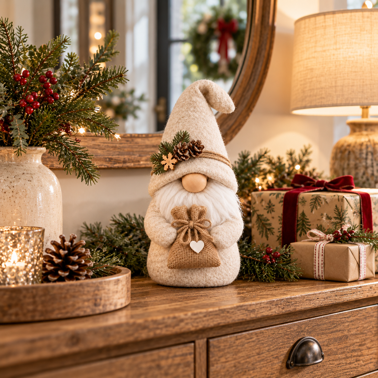 Cream Nordic Christmas Gnome with Burlap Gift Bag